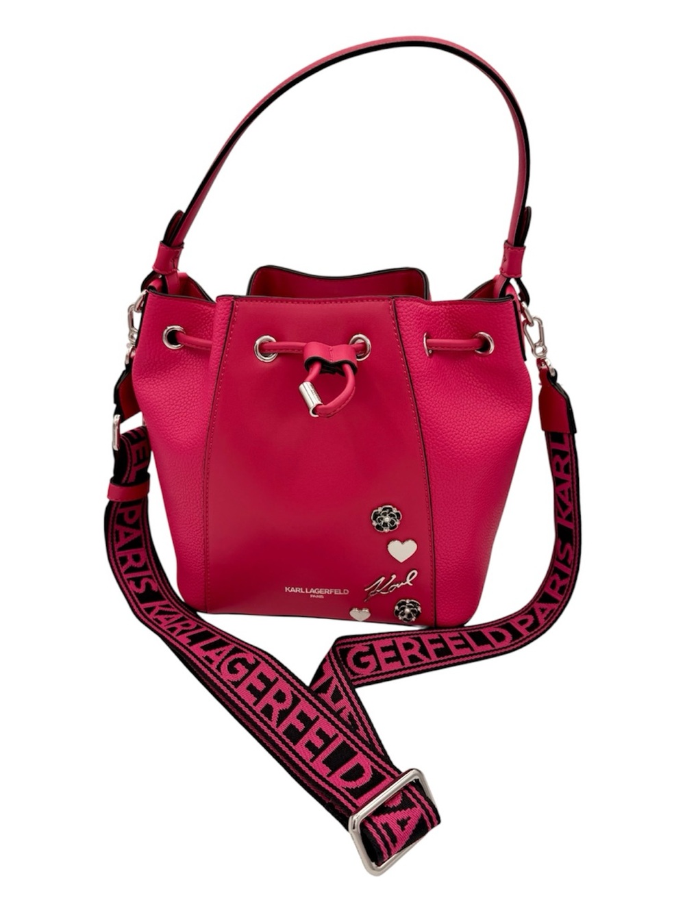 Karl Lagerfeld Hot Pink Leather Bucket Bag with Logo Strap